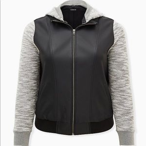 Black Faux Leather/Marled Gray Terry Bomber Jacket